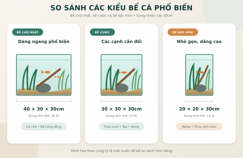 Kích thước bể cá tiêu chuẩn: Bảng size và cách chọn phù hợp